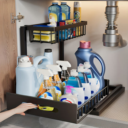 Under Sink Organizer with Sliding Drawer, 2-Tier Metal Pull-Out Storage Rack for Kitchen Bathroom Closet, Space-Saving Cabinet Shelf with Easy Access Design, Black or White