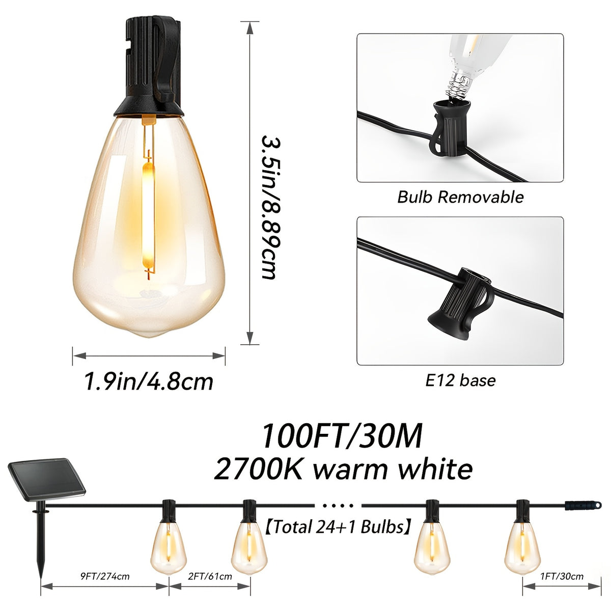 Solar Outdoor String Lights 50FT 100FT 2700K Warm White Patio String Lights USB Rechargeable Breakproof ST38 Bulb Weather Resistant for Backyard Porch Pool Garden