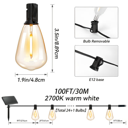Solar Outdoor String Lights 50FT 100FT 2700K Warm White Patio String Lights USB Rechargeable Breakproof ST38 Bulb Weather Resistant for Backyard Porch Pool Garden