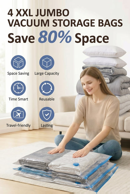 Vacuum Storage Bags for Clothes – Jumbo Space Saver Bags for Comforters Blankets Pillows Bedding, Extra Thick Travel Compression Bags with Hand Pump, 4 8 10 12 20 30 Pack