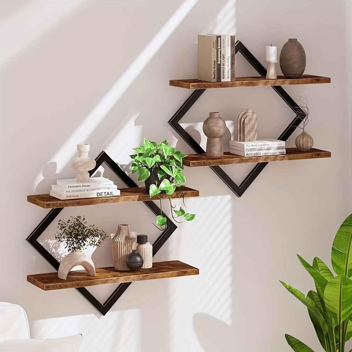 Floating Wall Shelf Diamond Geometric 2/4pcs Double Layer – Industrial Metal Wire & Wood Display Stand for Living Room Kitchen Bedroom, Artistic Home Decor