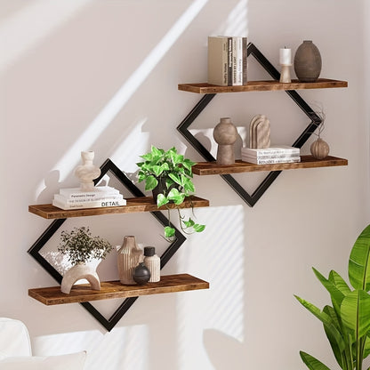 Floating Wall Shelf Diamond Geometric 2/4pcs Double Layer – Industrial Metal Wire & Wood Display Stand for Living Room Kitchen Bedroom, Artistic Home Decor