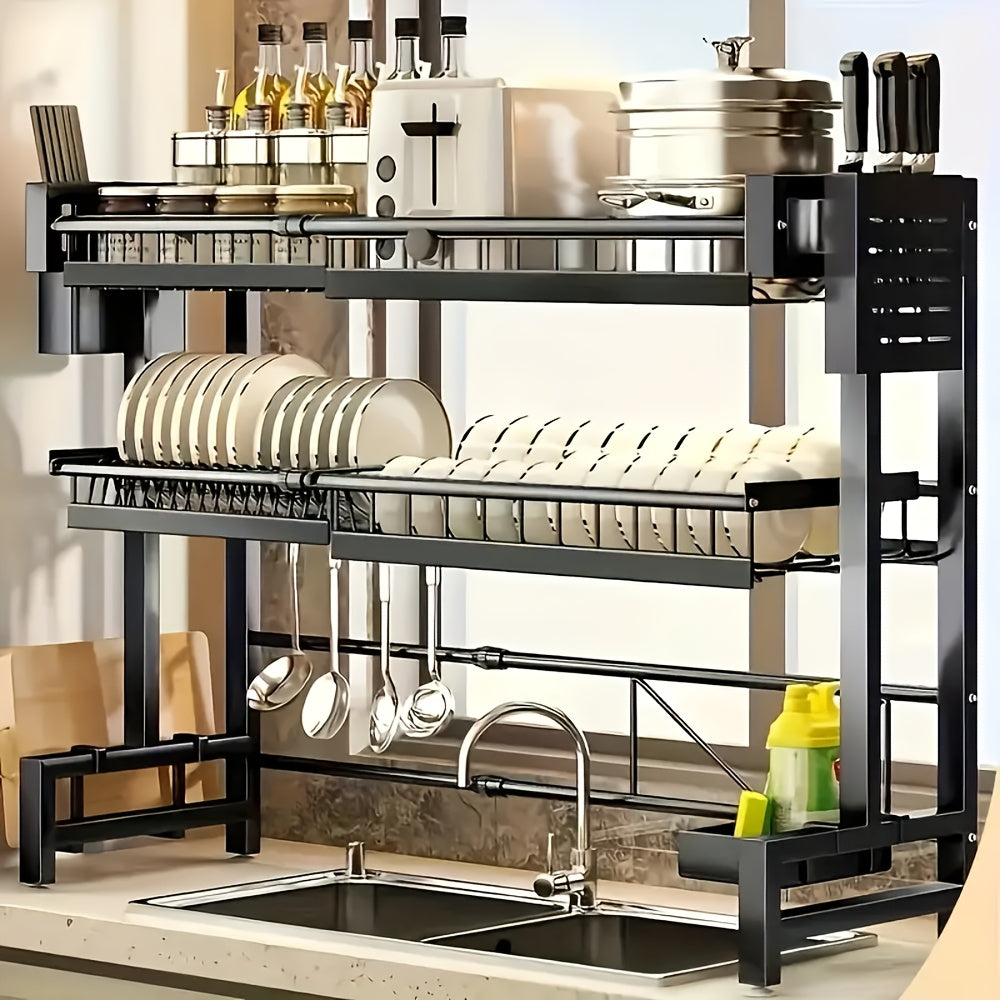 Over Sink Dish Drying Rack 3 Tier Adjustable Expandable - Stainless Steel Kitchen Organizer with Baskets, Utensil Holder, Knife & Cutting Board Holder - Space Saving Dish Drainer for Counter, Black