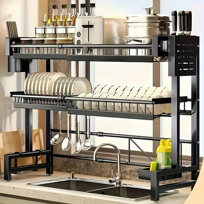 Over Sink Dish Drying Rack 3 Tier Adjustable Expandable - Stainless Steel Kitchen Organizer with Baskets, Utensil Holder, Knife & Cutting Board Holder - Space Saving Dish Drainer for Counter, Black
