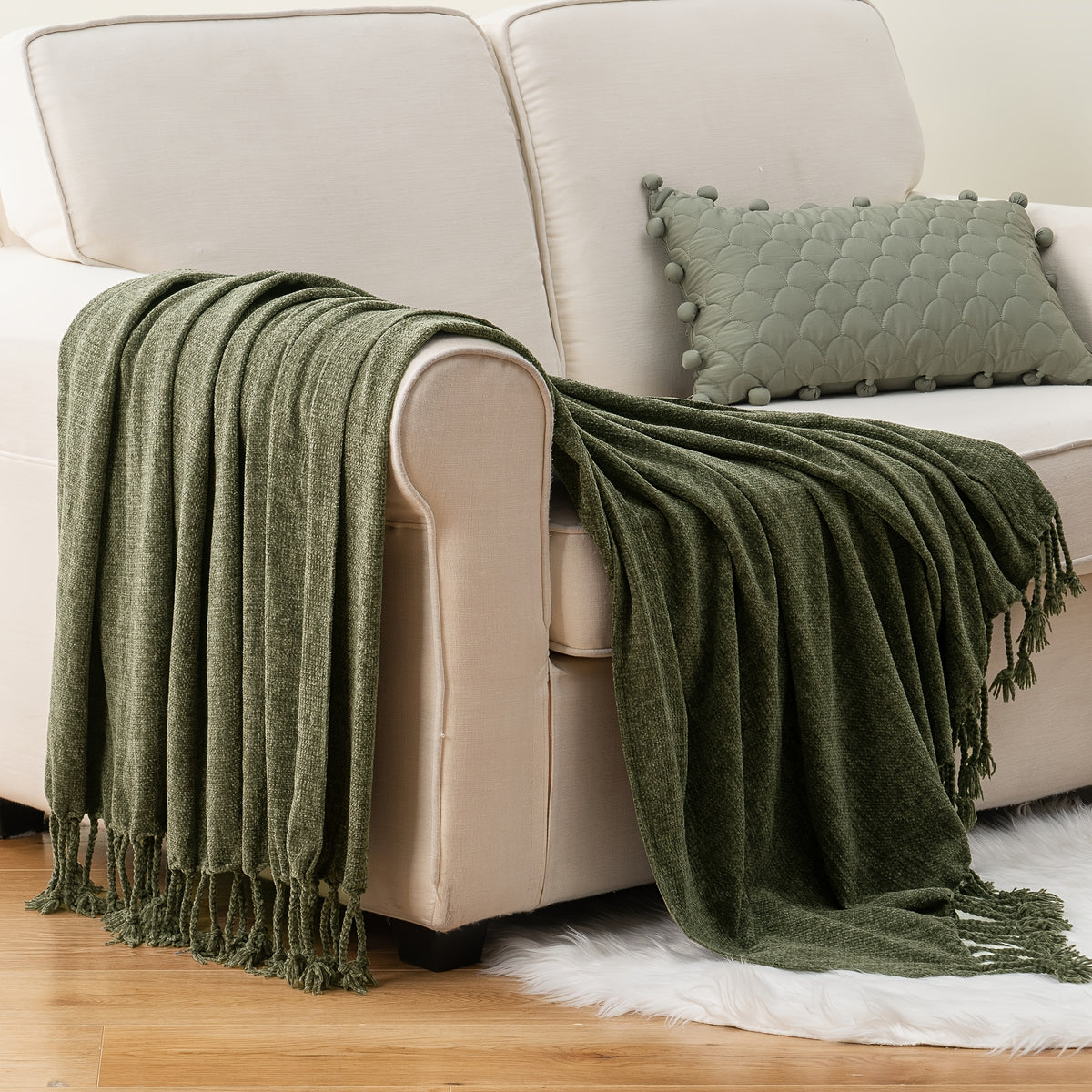 Boho Chenille Throw Blanket with Fringe 50x60 Inch – Soft Velvety Decorative Fringe Throw for Sofa Couch Bed Living Room Home Decor 17 Colors Cozy Gift for Women
