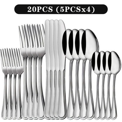 Stainless Steel Flatware Set Dishwasher Safe, 20/22/40/60/72 Piece Cutlery Set for 4/8/12, Mirror Polished Silverware Set for Home Kitchen Restaurant Wedding Camping, Silver Black Utensils Set