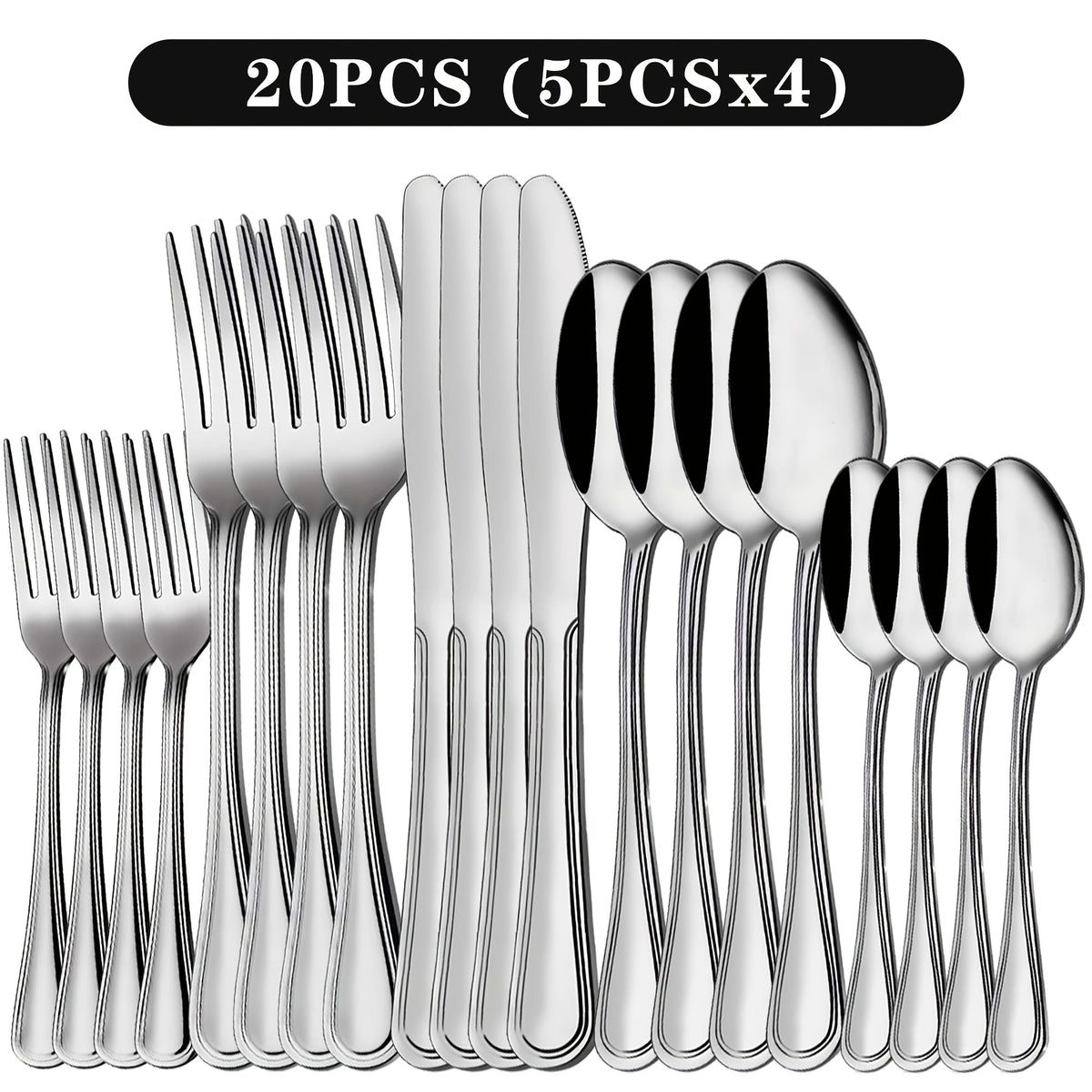 Stainless Steel Flatware Set Dishwasher Safe, 20/22/40/60/72 Piece Cutlery Set for 4/8/12, Mirror Polished Silverware Set for Home Kitchen Restaurant Wedding Camping, Silver Black Utensils Set