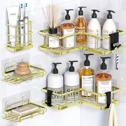 Corner Shower Caddy 5 Pack with Soap Holder & 4 Removable Hooks – No Drilling Suction Cup Shower Shelf, Rustproof Stainless Steel Bathroom Organizer for Inside Shower | 8 Colors