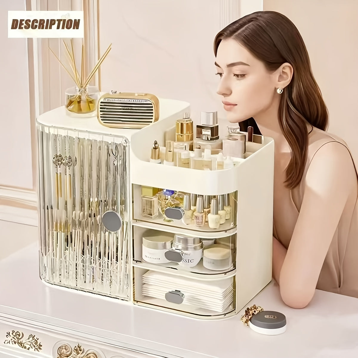Makeup Storage Box with 3 Drawers & Mirror, High-Capacity Cosmetic Organizer Cabinet for Bathroom Vanity, Contact Lens Display Case Skincare Storage Box for Home Bathroom, Beige