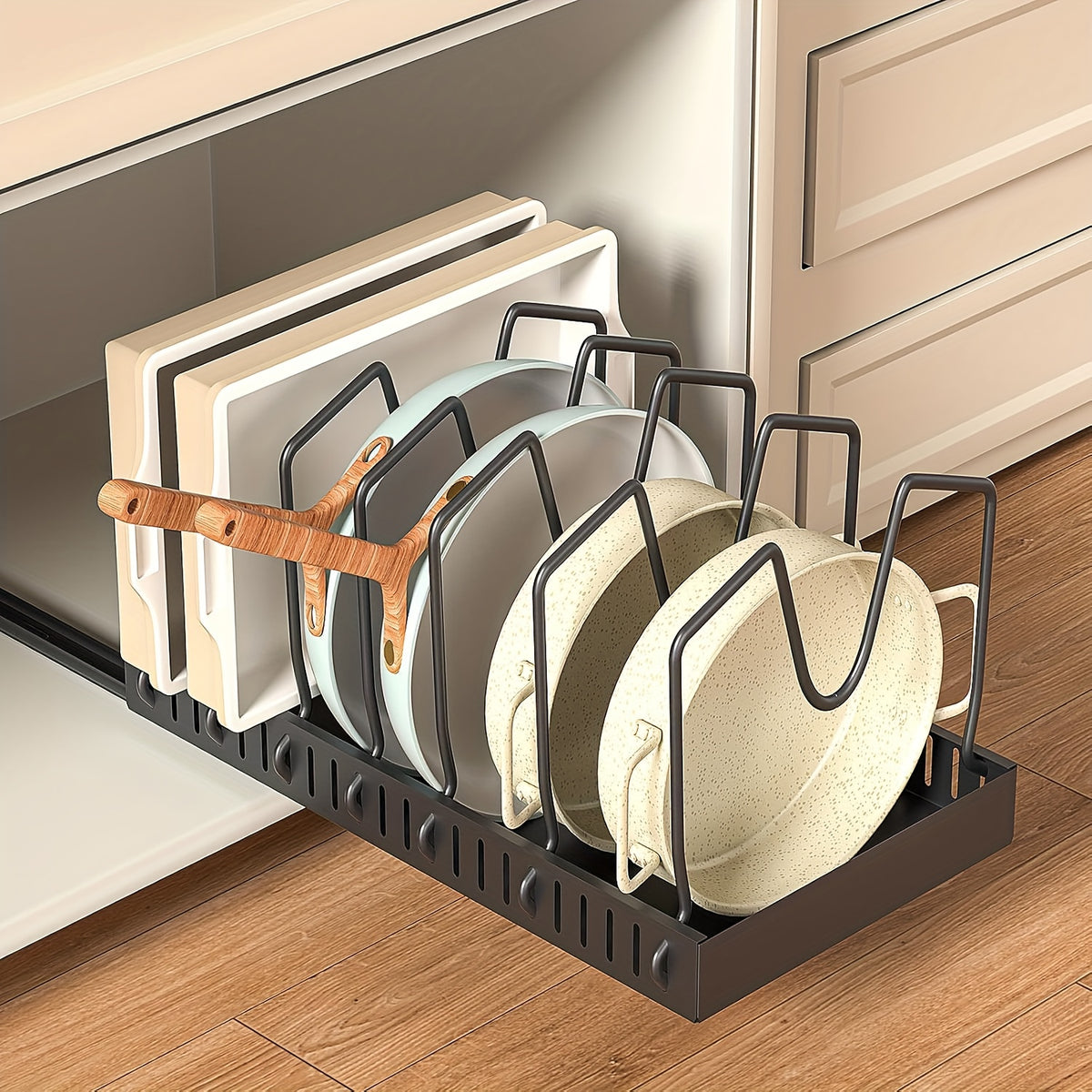 Sliding Pot and Pan Organizer Rack with Pull-Out Drawer – Under Cabinet Kitchen Storage for Pot Lids, Baking Trays & Utensils, 8 Adjustable Dividers, Black White Gray