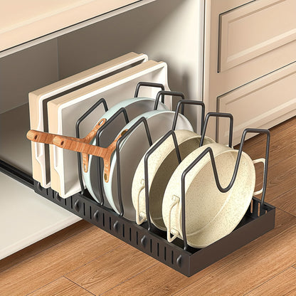 Sliding Pot and Pan Organizer Rack with Pull-Out Drawer – Under Cabinet Kitchen Storage for Pot Lids, Baking Trays & Utensils, 8 Adjustable Dividers, Black White Gray