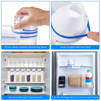 Food Storage Canisters 4 Pack Large Capacity Transparent PP Plastic with Measuring Cups and Scale Markings, Flip Top Lid Airtight Kitchen Pantry Containers for Rice Flour Grains Dog Food Organization