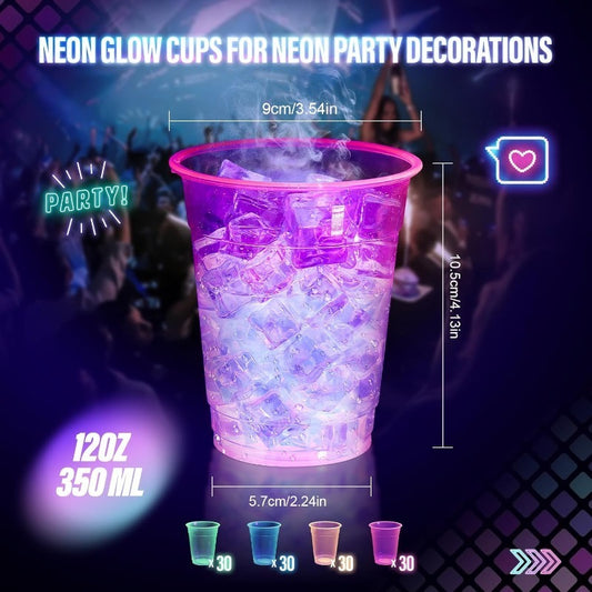 Neon Glow Party Cups 100 Pack Disposable Plastic Cups Glow in the Dark 12oz 16oz for Neon Party Blacklight Halloween Christmas Carnival Rave Birthday