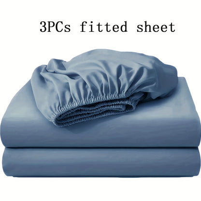 Soft Fitted Bed Sheet Set 3-Piece with 2 Pillowcases – Solid Color Layered Fitted Sheet for Bedroom Guest Room Hotel Mattress Protection