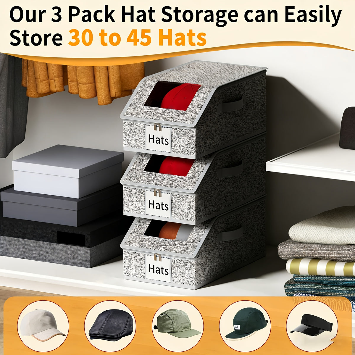 Baseball Cap Storage Box Set of 2 - Large Capacity Hat Organizer with Zipper, Foldable Stackable Dustproof Closet Storage, Multi-Purpose for Hats Clothes Accessories, Durable Fabric