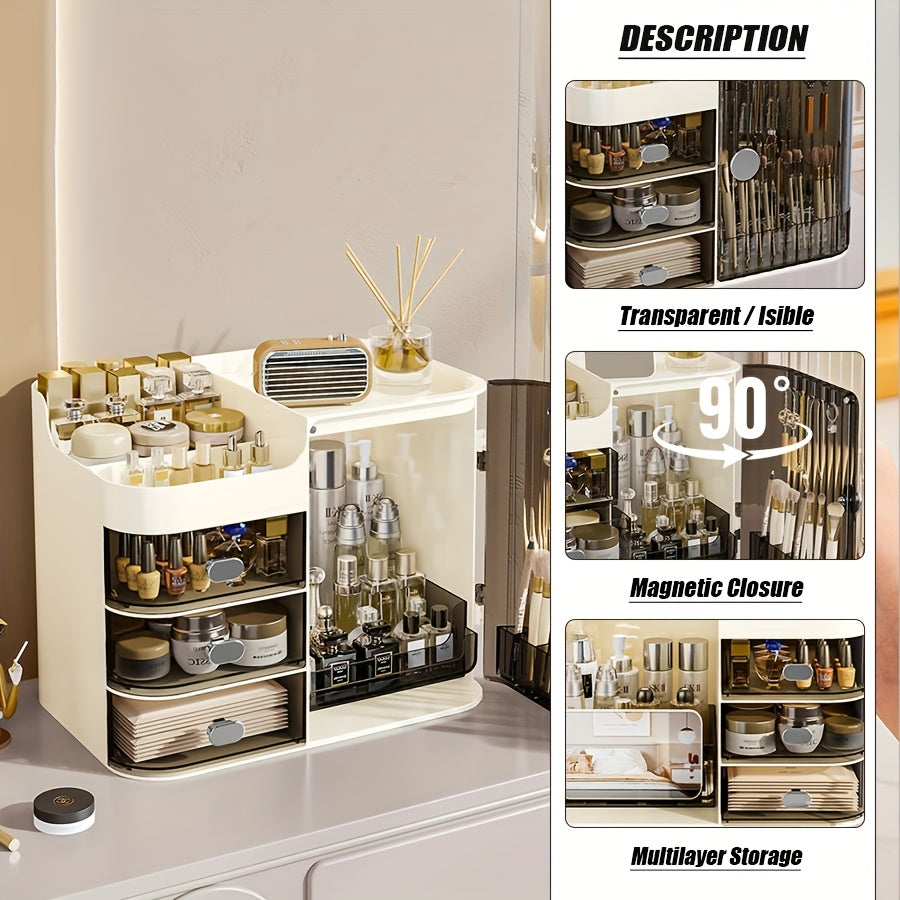 Makeup Storage Box with 3 Drawers & Mirror, High-Capacity Cosmetic Organizer Cabinet for Bathroom Vanity, Contact Lens Display Case Skincare Storage Box for Home Bathroom, Beige