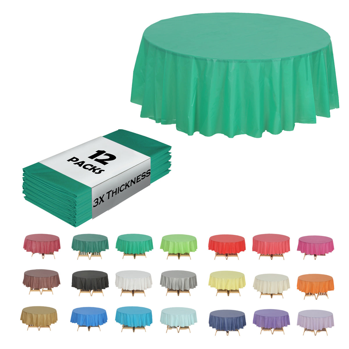 Disposable Plastic Tablecloth 12-Pack – Heavy Duty Table Cover for Parties, 84" Round & 54"x108" Rectangle, 22 Colors for Kitchen Dining Outdoor Events