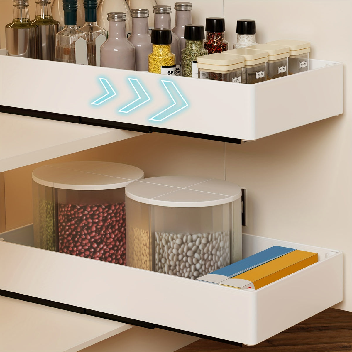 Slide-Out Cabinet Organizer 2 Pack, No-Drill Pull Out Shelf for Kitchen Pantry Bathroom, Retractable Under Sink Storage Rack, Removable Sliding Bin Drawer Organizer for Cabinets