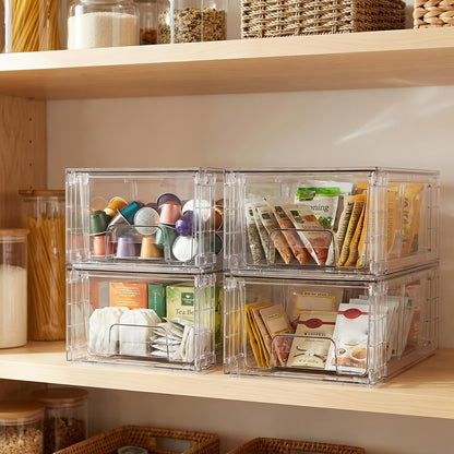 Clear Acrylic Stackable Storage Drawers with Handles – Refrigerator & Pantry Organizer Bins for Fridge, Kitchen Cabinet, Bathroom, Under Sink – 4, 6, 8, 10 Pack