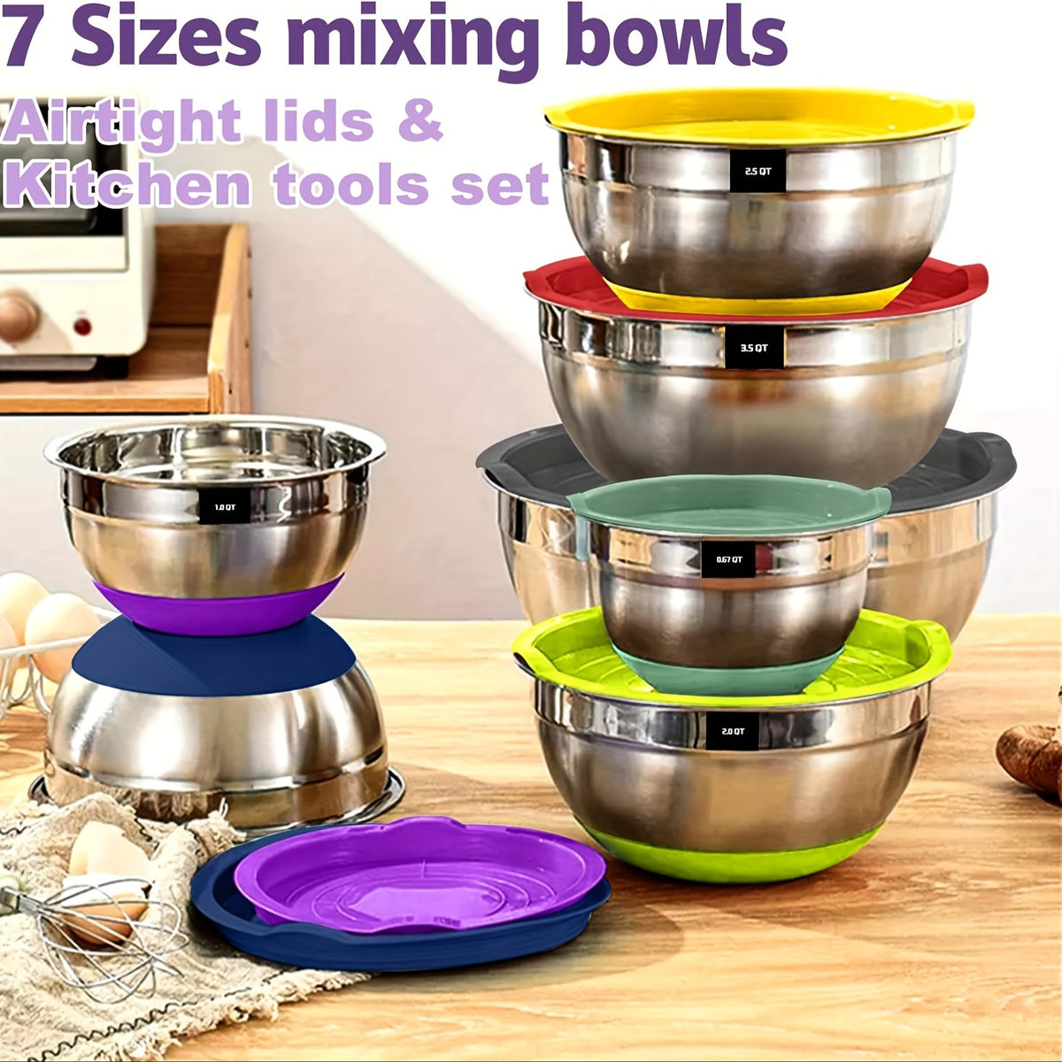 Mixing Bowls Set 20 Piece Stainless Steel with Airtight Lids & Non-Slip Silicone Bottom - 7 Sizes 0.67QT to 7QT for Baking Cooking Serving, Dishwasher Safe, Multicolored Black Gray Khaki