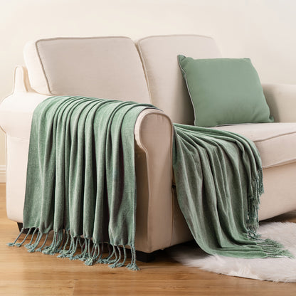 Boho Chenille Throw Blanket with Fringe 50x60 Inch – Soft Velvety Decorative Fringe Throw for Sofa Couch Bed Living Room Home Decor 17 Colors Cozy Gift for Women