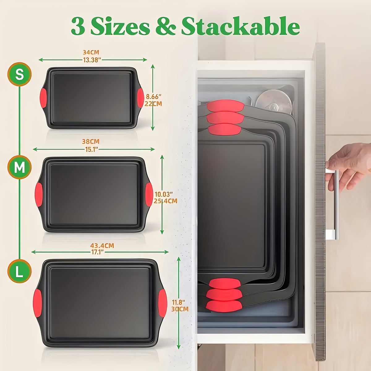 Carbon Steel Non-Stick Baking Pan Set Oven Safe Double-Sided Non-Stick Coating Red Silicone Handle – Commercial Grade Toaster Oven Pan Professional Kitchenware for Baking Roasting Gray