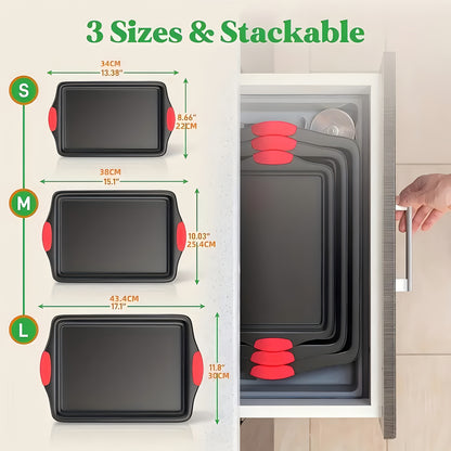 Carbon Steel Non-Stick Baking Pan Set Oven Safe Double-Sided Non-Stick Coating Red Silicone Handle – Commercial Grade Toaster Oven Pan Professional Kitchenware for Baking Roasting Gray
