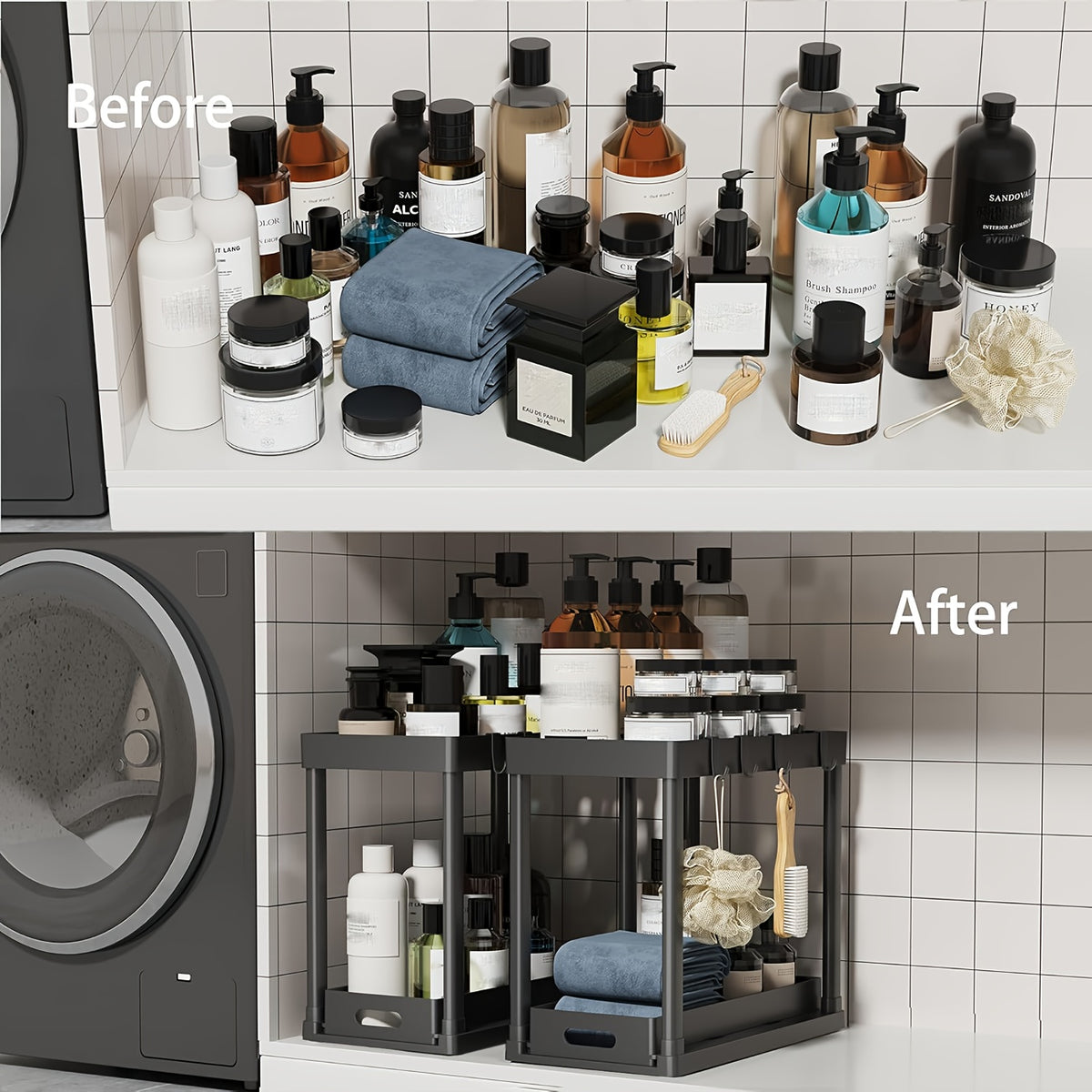 Under Sink Organizer 2 Pack – Double Tier Sliding Storage Basket with 8 Hooks, Adjustable Cabinet Organizer for Kitchen Bathroom Under Sink Storage, Moonlight White Matt Black Light Gray