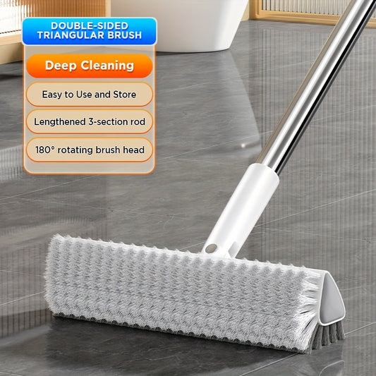 Long Handle Floor Scrub Brush 52 Inch V-Shaped Triangle Head Double-Sided Stiff Bristles Deep Clean Tile Grout Bathroom Kitchen Patio Corner Gaps Ergonomic Crevice Cleaning Brush