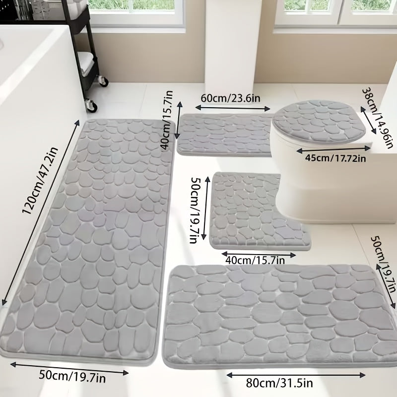 Memory Foam Bathroom Rug Set 5-Piece - Plush Non-Slip Super Absorbent Bath Mats for Sink Bathtub Shower Toilet, Machine Washable Quick-Dry Luxury Soft Sponge Bath Rug Set Black Gray Pink Khaki
