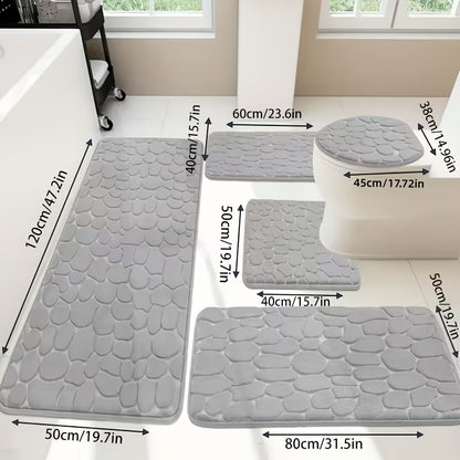 Memory Foam Bathroom Rug Set 5-Piece - Plush Non-Slip Super Absorbent Bath Mats for Sink Bathtub Shower Toilet, Machine Washable Quick-Dry Luxury Soft Sponge Bath Rug Set Black Gray Pink Khaki