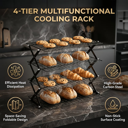 Collapsible Baking Cooling Rack 3 or 4 Tier – Stackable Metal Wire Rack for Baking Trays with Adjustable Settings, Baking Tools Set & Camping Grill for Cooking, Cooling & Cake Drying