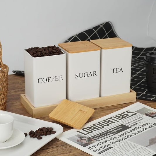 Kitchen Canister Set of 3 Airtight Wooden Lids – Metal Tea Coffee Sugar Storage Tins, Farmhouse Countertop Decor, Black & White Kitchen Organization Gift