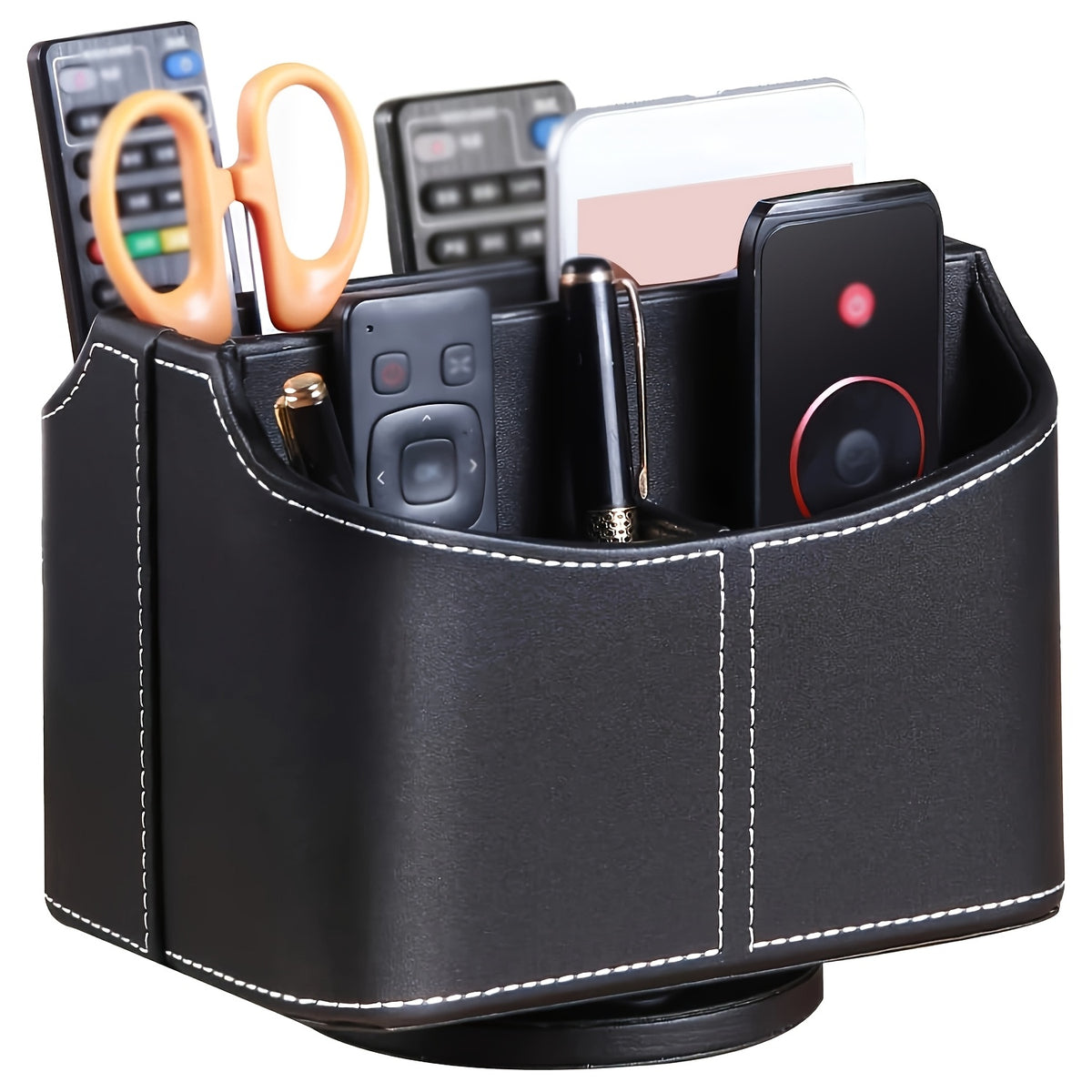 360° Swivel Remote Control Holder 5 Compartments PU Leather Desktop Organizer Caddy - Multifunctional Storage Box for TV Remotes Phones Glasses Cosmetics Stationery - Home Office Decor