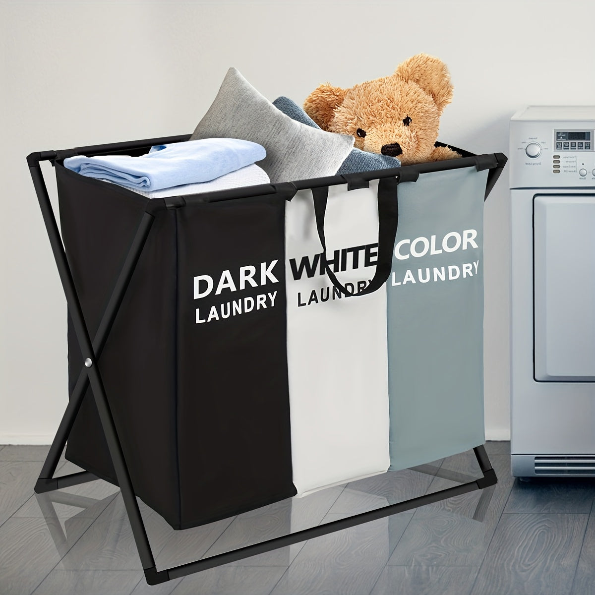 3-Section Laundry Sorter Basket Foldable Hamper with Oxford Cloth Bags & Handles Large Rectangular Clothes Sorter for Home Bedroom Bathroom College Dorm Dirty Laundry Organization