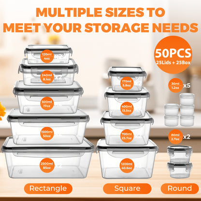 Food Storage Container Set BPA-Free with Airtight Snap Lids – Stackable Meal Prep Containers, Microwave & Dishwasher Safe, Leak-Proof Kitchen Pantry Organizer with Labels & Marker – 24, 48 or 50 Piece