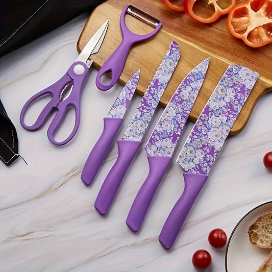 Floral Kitchen Knife Set 6 Piece Jasmine Pattern – High Carbon Stainless Steel Sharp Chef Knife, Meat Cleaver, Bread Knife, Scissors & Peeler, Ergonomic Handle, Cooking Gift for Women & Men