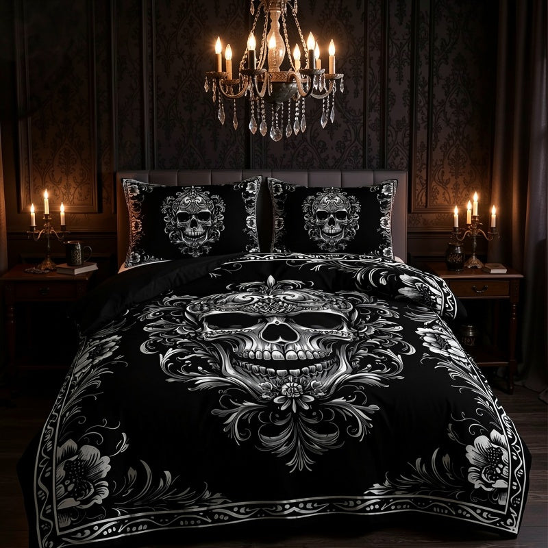 Skull Duvet Cover Set Queen King Twin Full – Gothic Victorian Baroque Black White Halloween Bedding 3-Piece Set with 2 Pillowcases, High Definition Print, Soft Microfiber