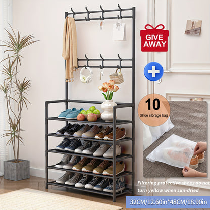Shoe Rack Organizer with 8 Hooks Multi-Layer - Free Standing Shoe Storage Shelf for Entryway, Closet & Bedroom, Space-Saving Vertical Shoe Tower with Hat & Coat Hooks, 3 or 5 Tier Black