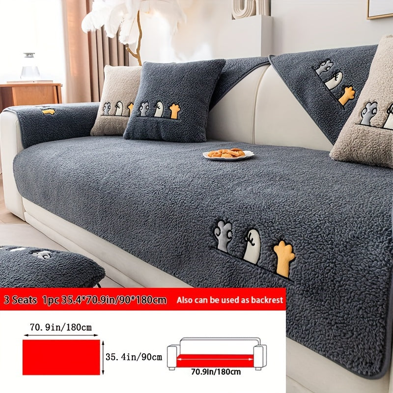 Sofa Cover Plush Shearling Non-Slip Pet-Friendly – Thick Couch Protector with Animal Bone Embroidery for 2 3 4 Seater, Soft Warm Slipcover for Living Room Bedroom Office in Dark Gray Off White Coffee Black