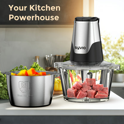 Electric Food Processor 450W with 2 Bowls – Mini Food Chopper & Meat Grinder with 4 Bi-Level Blades, 2-Speed Control, 8-Cup Capacity, for Baby Food, Meat, Onion & Vegetable Chopping