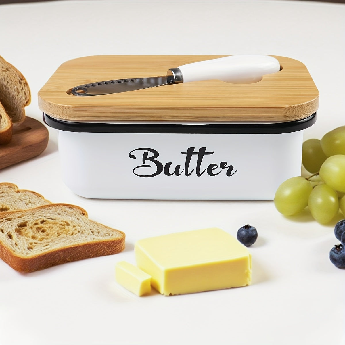 Butter Dish with Bamboo Lid and Knife – Airtight Iron Butter Keeper & Cheese Storage Box, Large Capacity, Elegant Holiday Serving Dish for Kitchen Table, Mother's Day & Christmas Gift, Black/Grey/Green