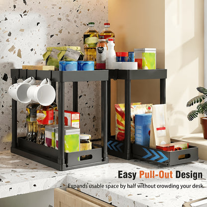 Under Sink Organizer 2 Pack – Double Tier Sliding Storage Basket with 8 Hooks, Adjustable Cabinet Organizer for Kitchen Bathroom Under Sink Storage, Moonlight White Matt Black Light Gray
