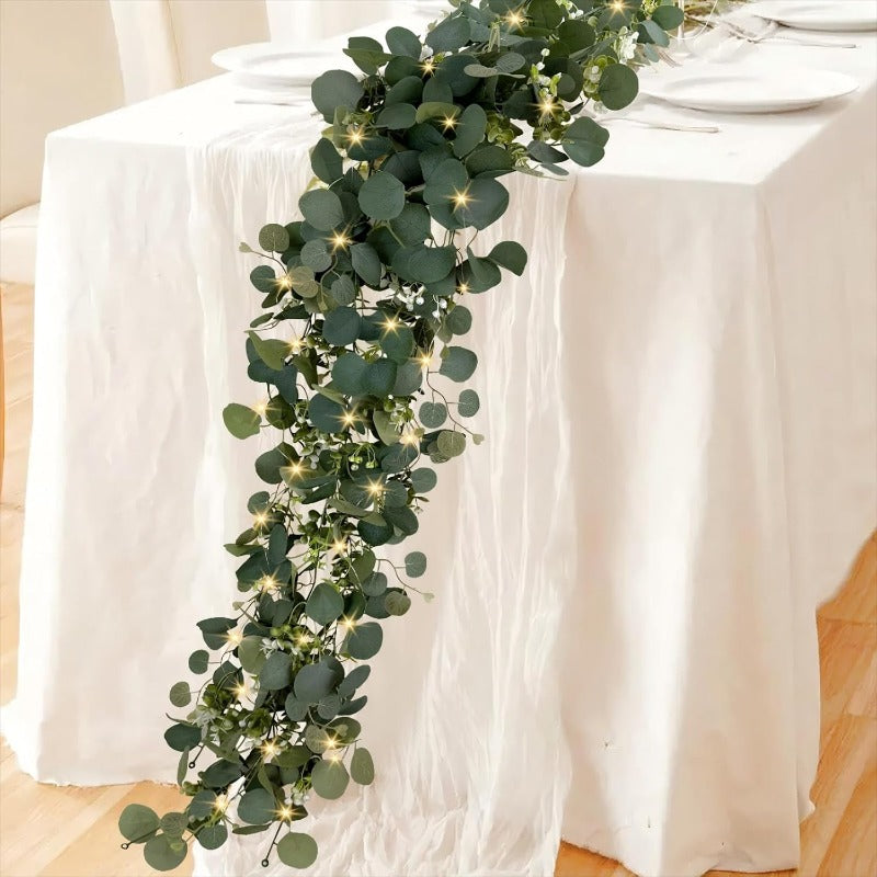 Lighted Eucalyptus Wreath 2-Pack 6FT Artificial Green Vine with LED Lights - Faux Eucalyptus Garland for Table Runner Wedding Centerpiece Backdrop Wall Decor Party Home Decoration Warm White