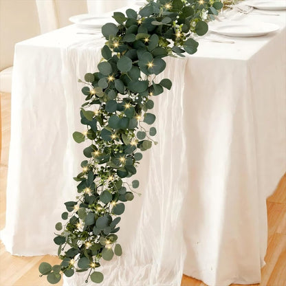 Lighted Eucalyptus Wreath 2-Pack 6FT Artificial Green Vine with LED Lights - Faux Eucalyptus Garland for Table Runner Wedding Centerpiece Backdrop Wall Decor Party Home Decoration Warm White