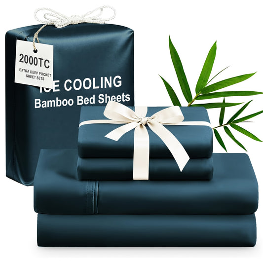 Bamboo Cooling Bed Sheets 4 Piece Set – Extra Deep Pocket Fitted Sheet, Flat Sheet & Pillowcases for Hot Sleepers | Breathable Soft Bedding | Twin Full Queen King | 12 Colors