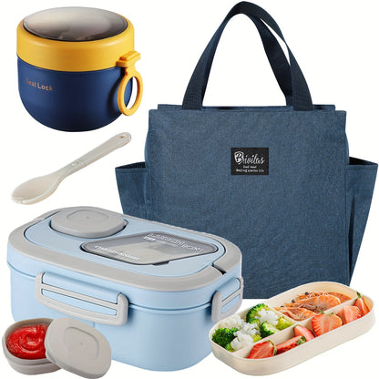 Bento Lunch Box Set with Bag and Cup, 2-Layer Multi-Compartment Meal Prep Container for School Office Picnic, Leakproof Food Storage Box with Insulated Lunch Bag, Pink Blue Green White