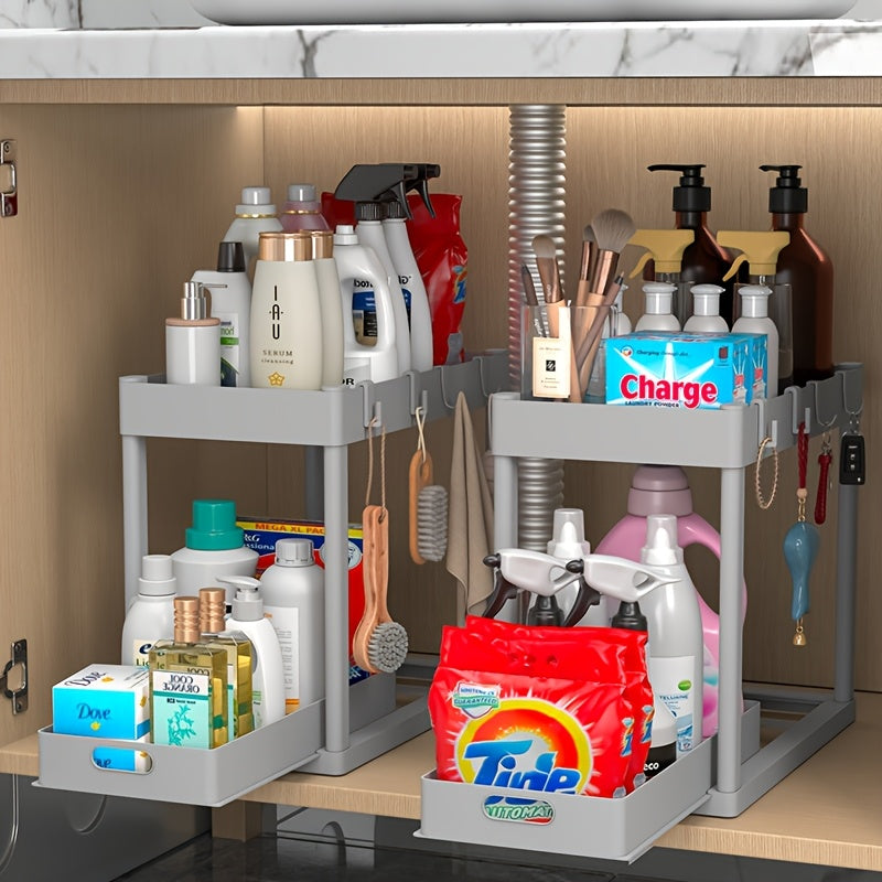 Under Sink Organizer 2 Pack – Double Tier Sliding Storage Basket with 8 Hooks, Adjustable Cabinet Organizer for Kitchen Bathroom Under Sink Storage, Moonlight White Matt Black Light Gray
