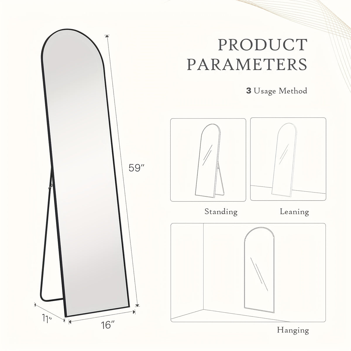 Full Length Floor Mirror with Aluminum Alloy Arch Frame – HD Full Body Standing Mirror for Bedroom Living Room Entryway, Freestanding Leaning Wall Mirror Modern Arched Vanity Mirror Home Decor