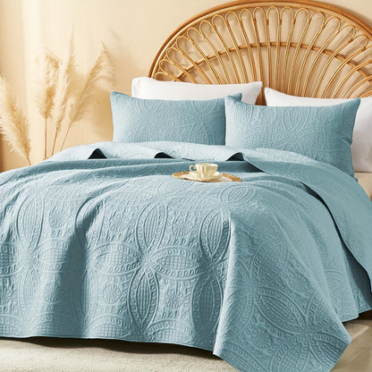 Quilt Set Queen Size 2/3 Piece Lightweight Microfiber Bedspread Soft Cool Coin Pattern Coverlet for All Seasons – Modern Summer Quilt with Pillow Cases for Bedroom Family Gift